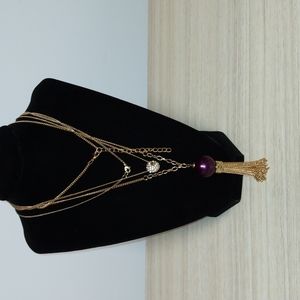 Long necklaces goldtone purple bead & tassel & goldtone with rhinestone chain